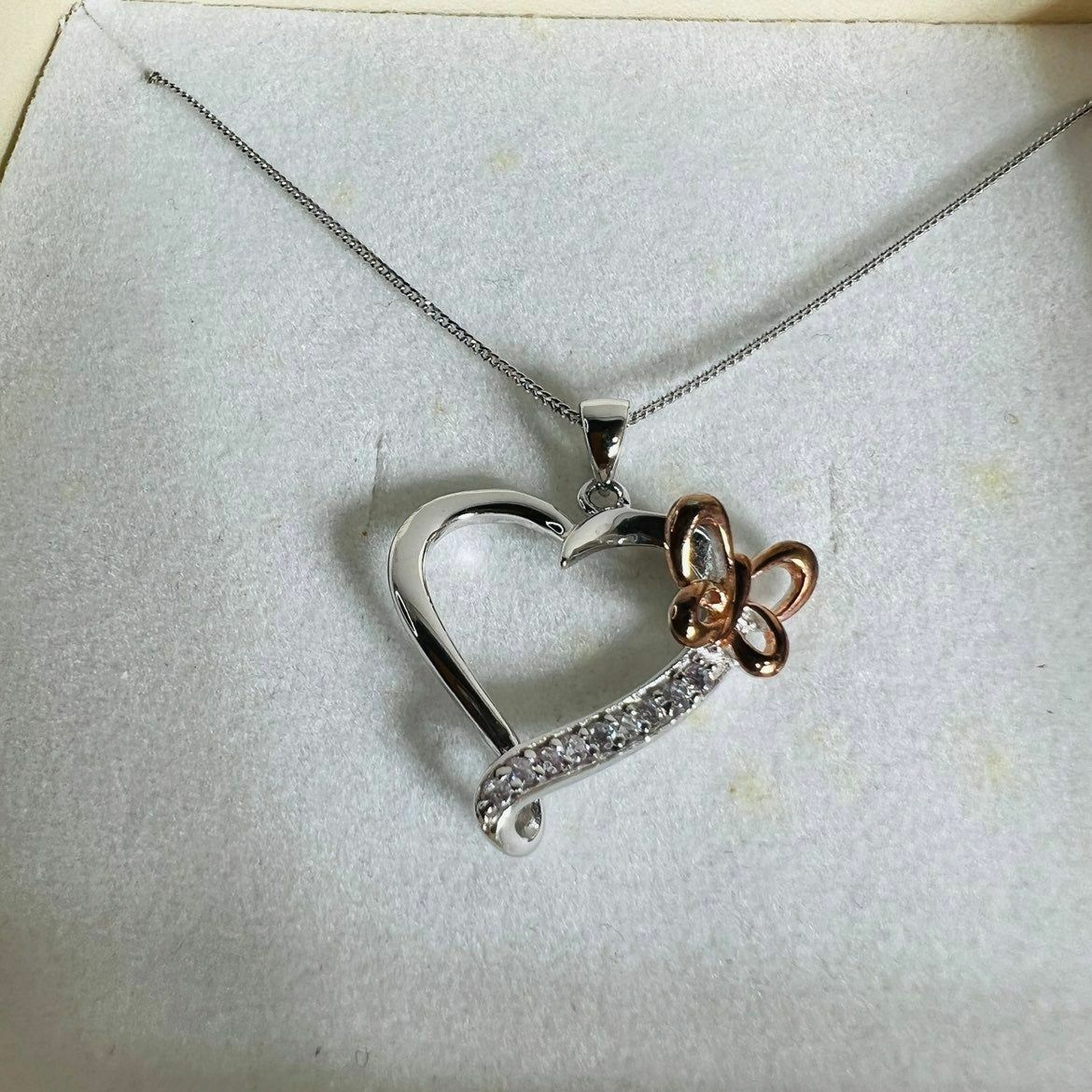 Jewelry Necklace Butterfly Diamond Heart Sterling Silver Rhod-Plated Rose Gold