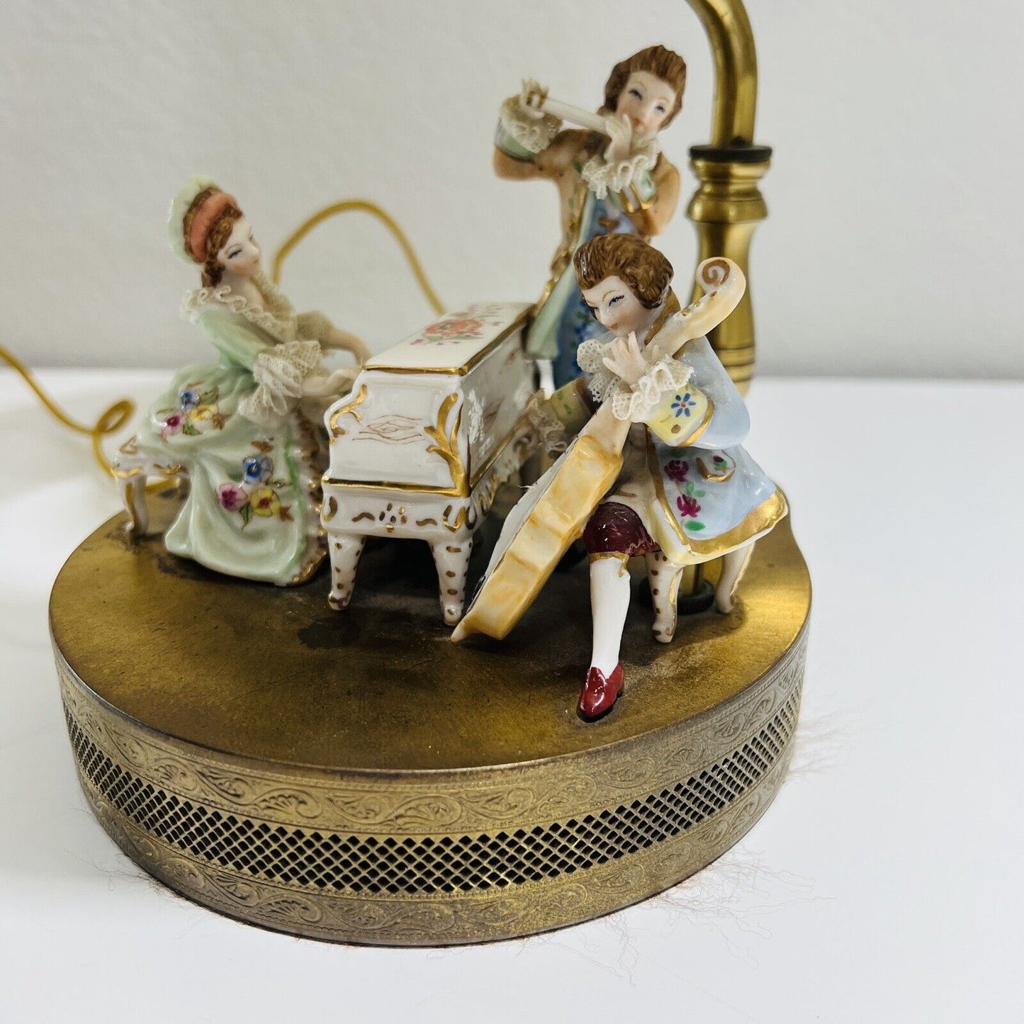 Dresden Lamp Playing Music 19th Century Piano Flute Cello Porcelain Figurine