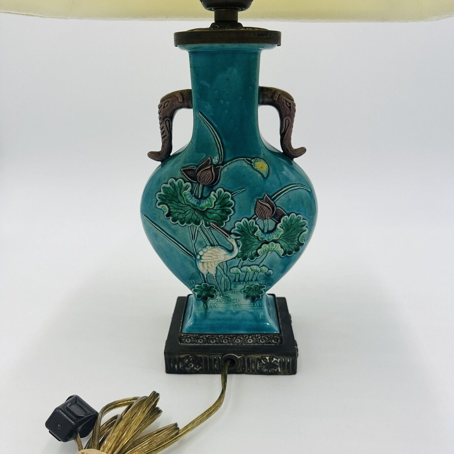 Chinese Lily Wu Majolica Lamp Turquoise Crane Elephant Handles Bronze Republic