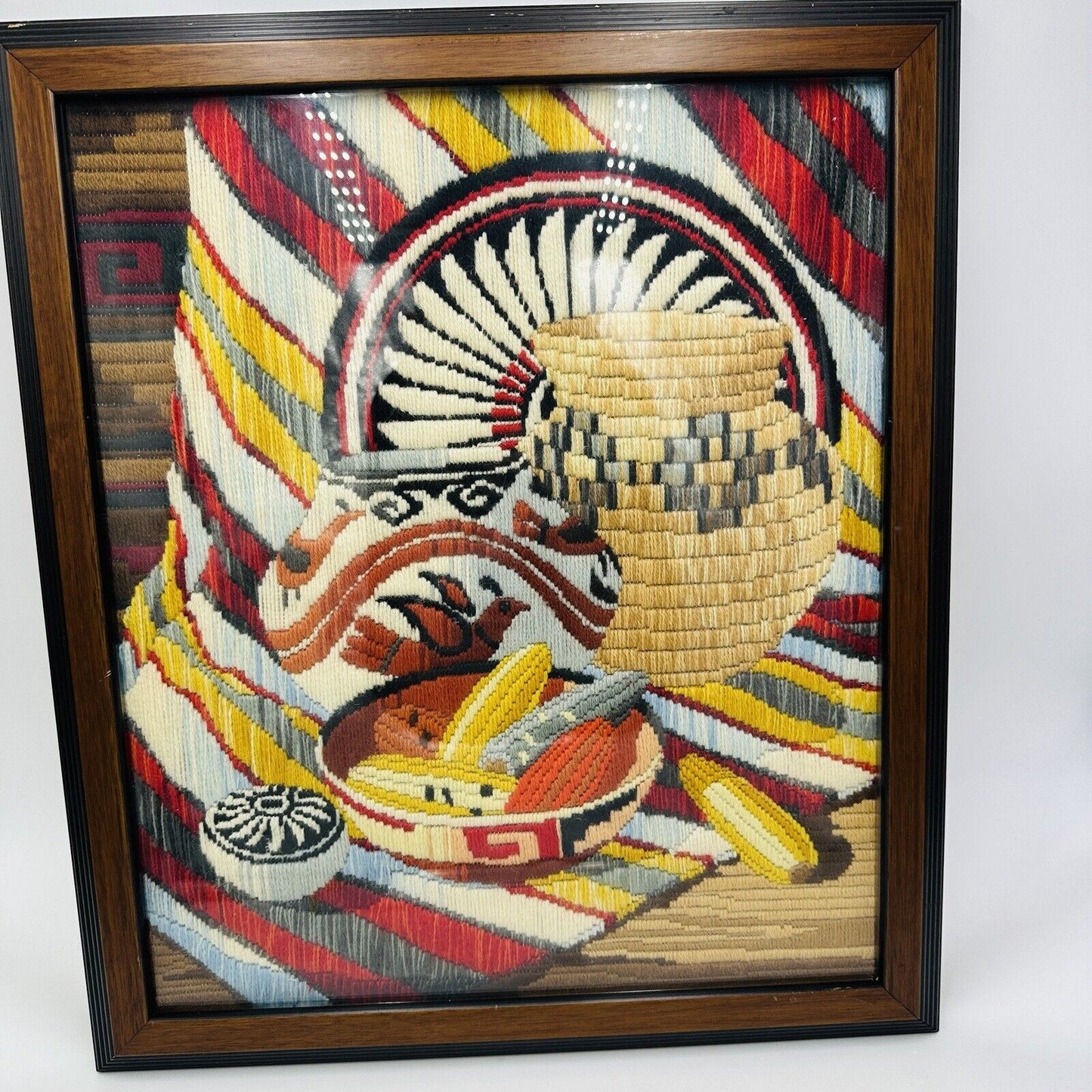 Rare Reinardy NATIVE AMERICAN  Long-Stitch Needlepoint basket wall art framed