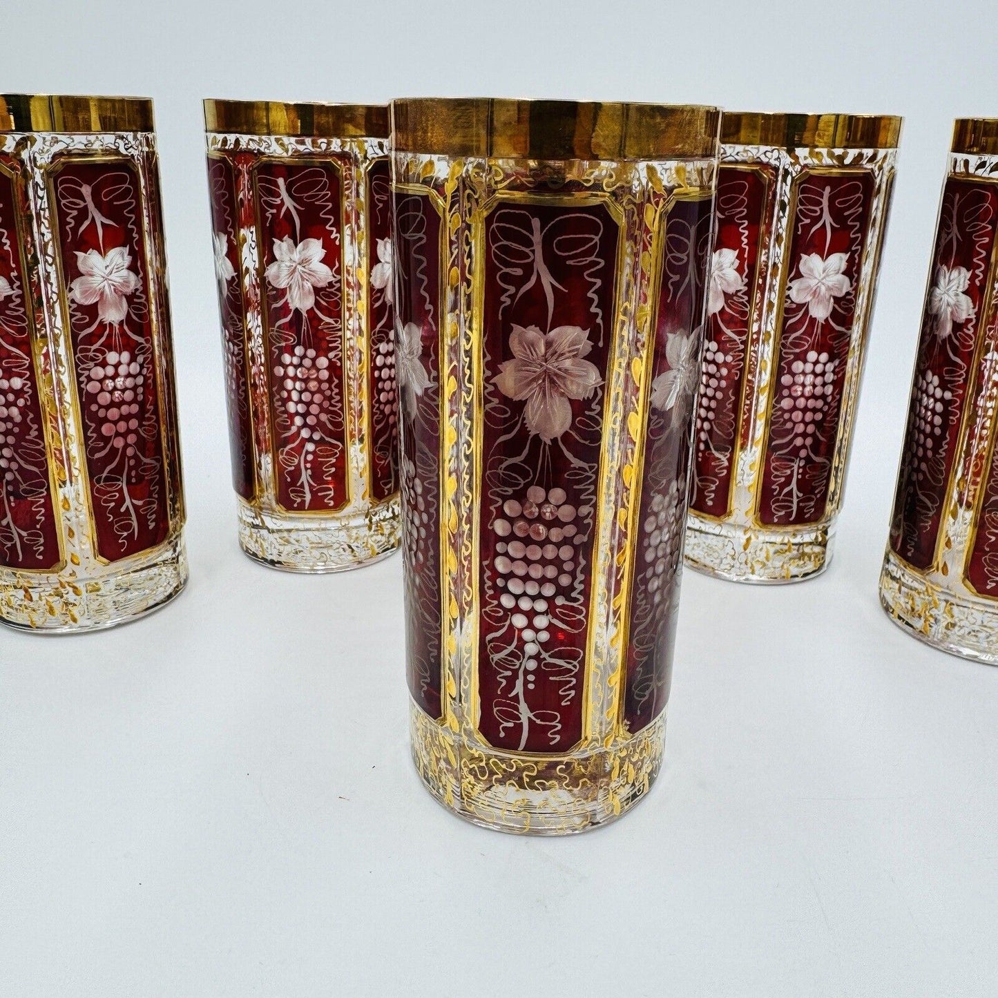 1880 Bohemian Gilded Ruby Cut to Clear Glass Grape Leaf drinking tumblers Etched