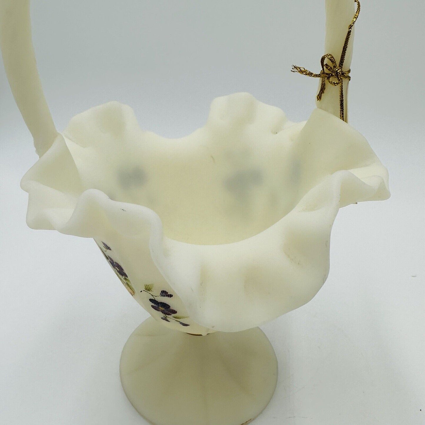 Fenton Art Custard Glass  Signed Ruffled Basket Floral Butterfly Hand Painted