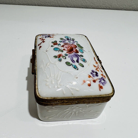 French Trinket Box Floral Decoration Porcelain  Made In France with Lid Antiqu