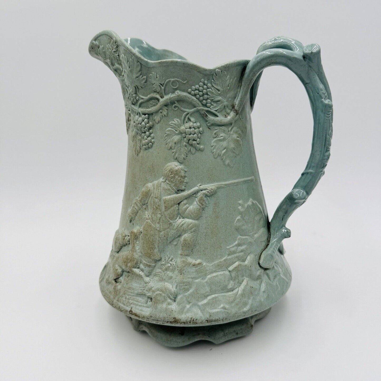 Antique Parian Ware Relief Jug Large Green Pottery Embossed Grapes