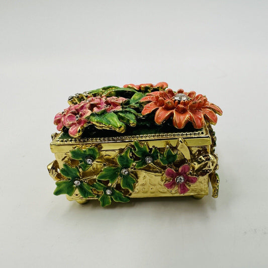 Trinket Box Floral & Green Hand Painted Enamel Interior Rhinestone Miniature