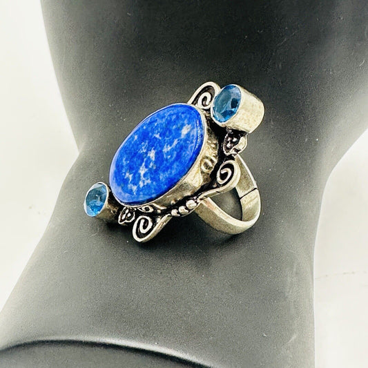 Antique Lapis Lazuli Blue Women's Jewelry Ring Size 5 Sterling Silver 925