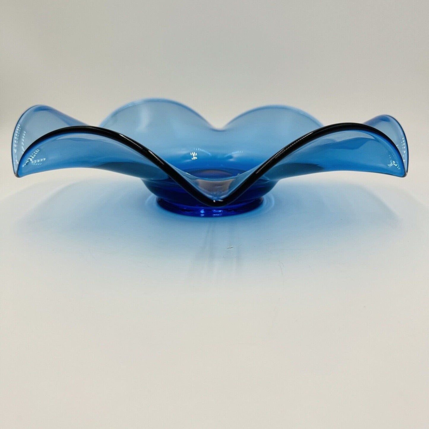 Rare MCM Viking Art Glass Bluenique Blue Ruffled 6 Petals Bowl 3”x 12”