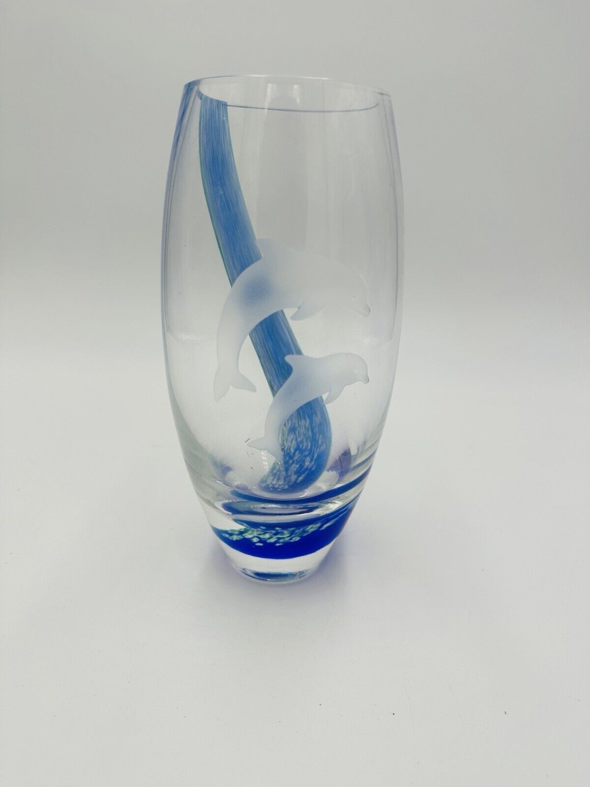 Lenox Art Glass Vase Dolphin Paradise 8" Clear Blue Turquoise made in scotland