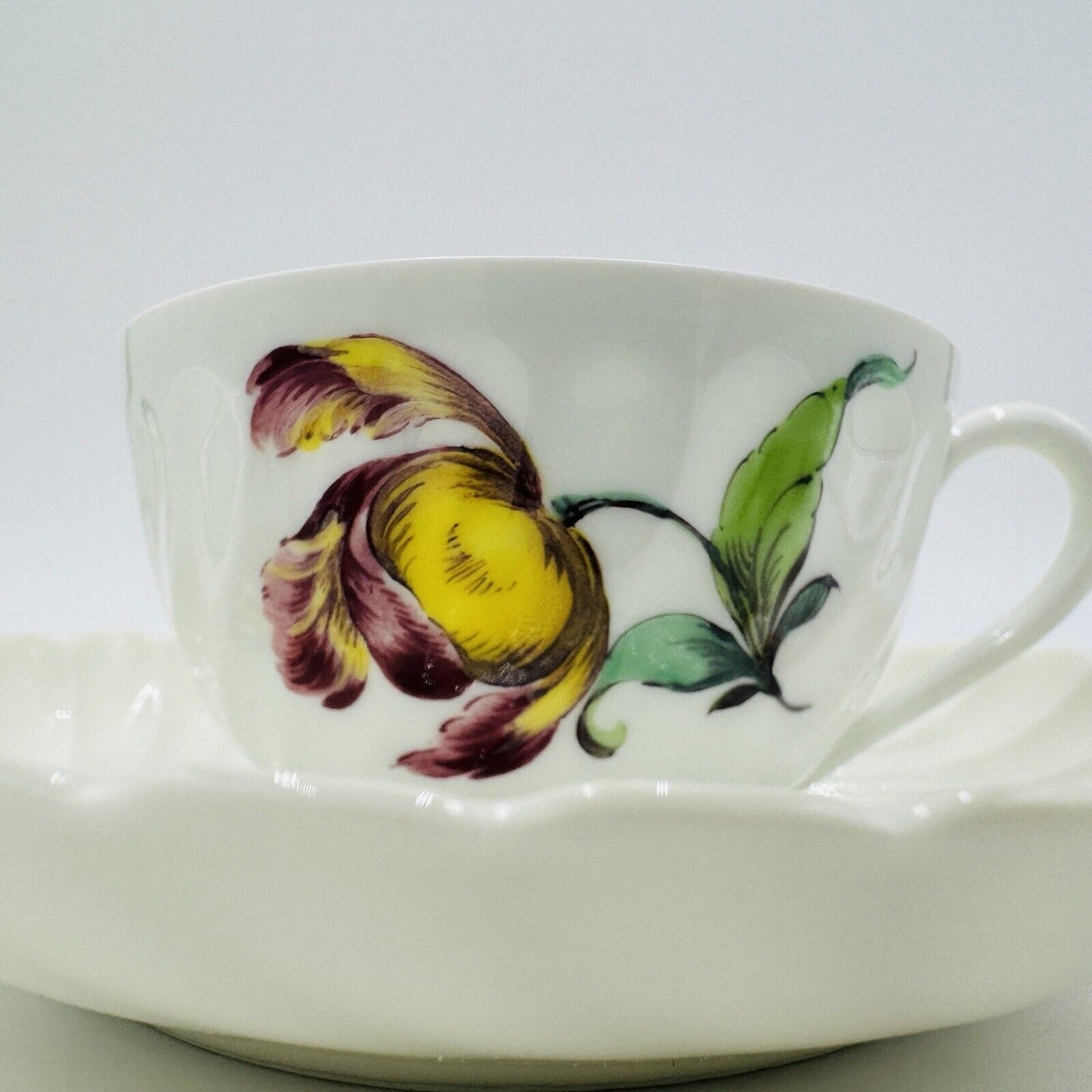Antique Nymphenburg Porcelain Germany Welle Ribbed Teacup & Saucer 1632 Floral