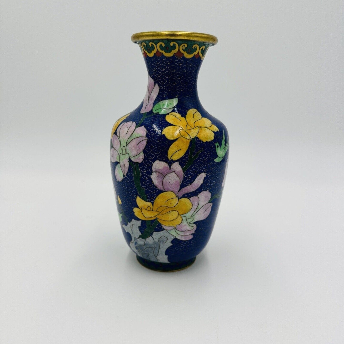 Antique Chinese Cloisonné Enamel floral Blue vase 8"
