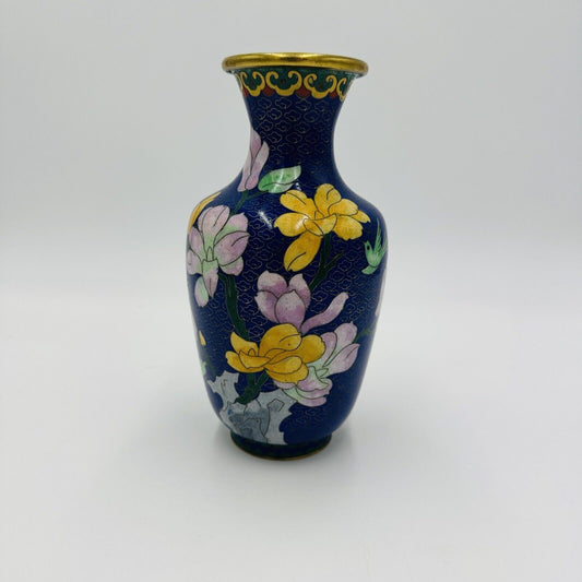 Antique Chinese Cloisonné Enamel floral Blue vase 8"
