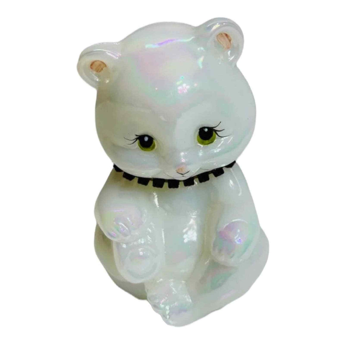 Fenton Art Glass Bear Figurine Opalescent White Rhinestone Home Decor USA