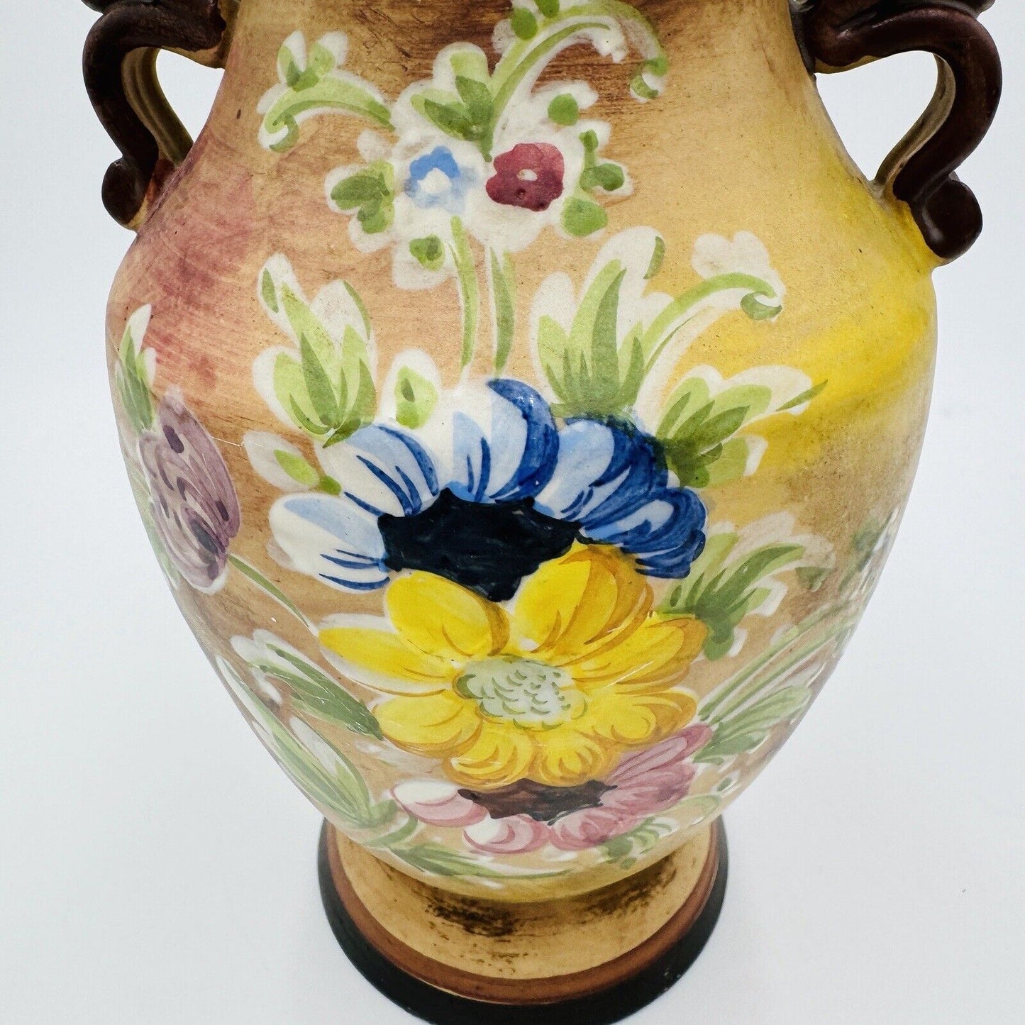 Vintage Italy Pottery Double Handle Hand Painted Floral Vase 11/281 Italy