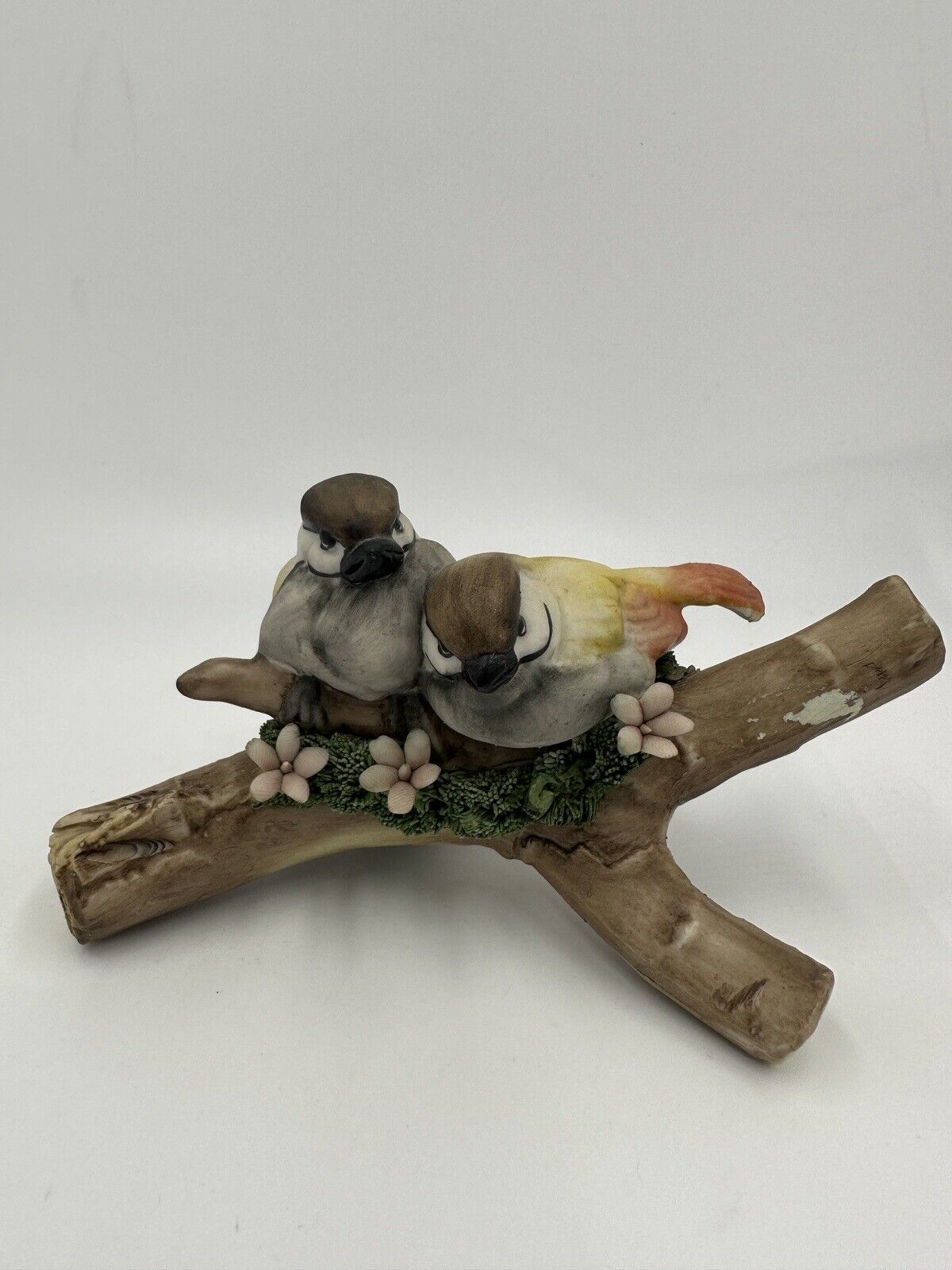 Capodimonte Chickadees Bunting Birds Flowers Figurine Italian Art Porcelain