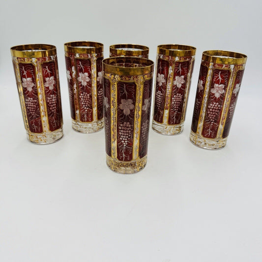 1880 Bohemian Gilded Ruby Cut to Clear Glass Grape Leaf drinking tumblers Etched