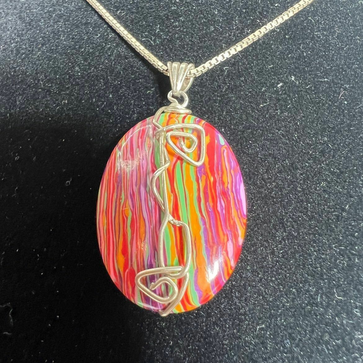 Necklace Rainbow Pendant Calsilica Mosaic Jasper Jewelry 925 Sterling Silver
