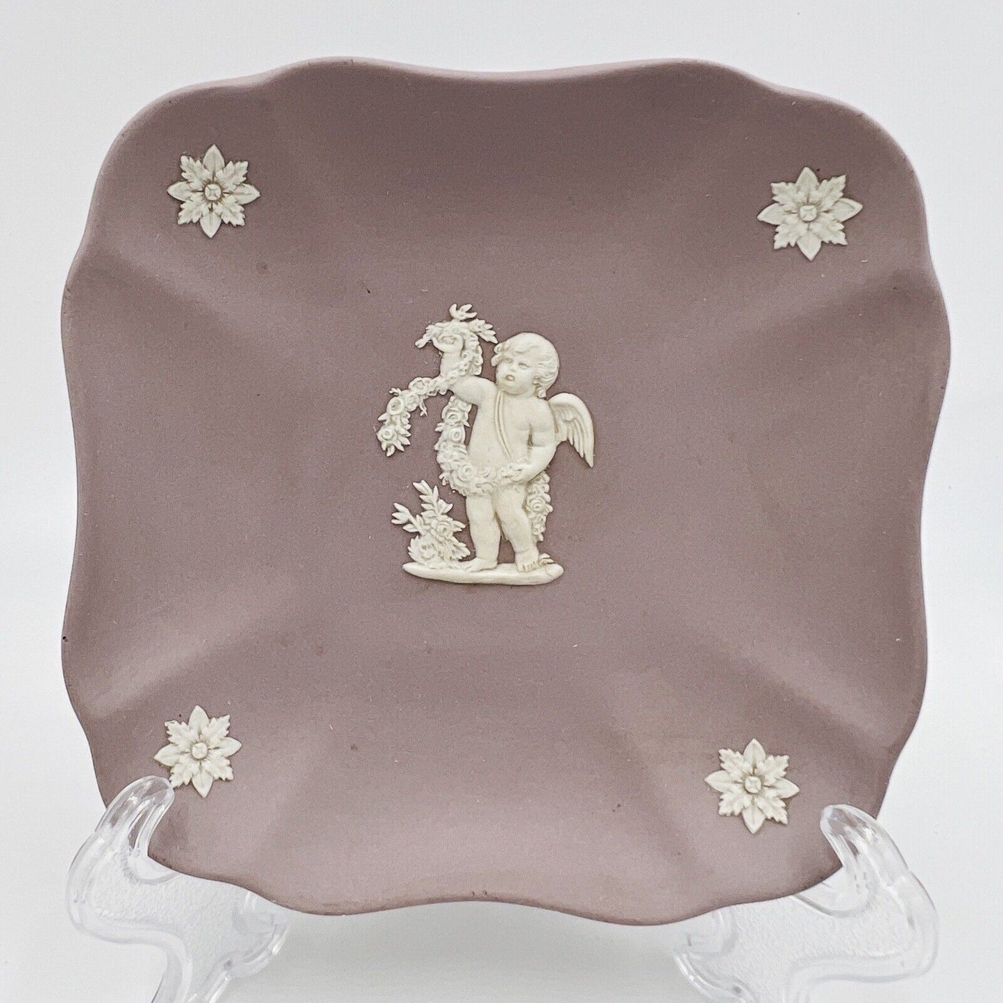 Wedgwood Lilac and White Jasperware Fluted Square Dish Four Seasons Cupid
