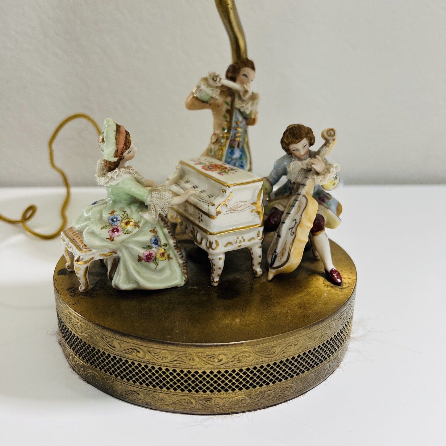 Dresden Lamp Playing Music 19th Century Piano Flute Cello Porcelain Figurine