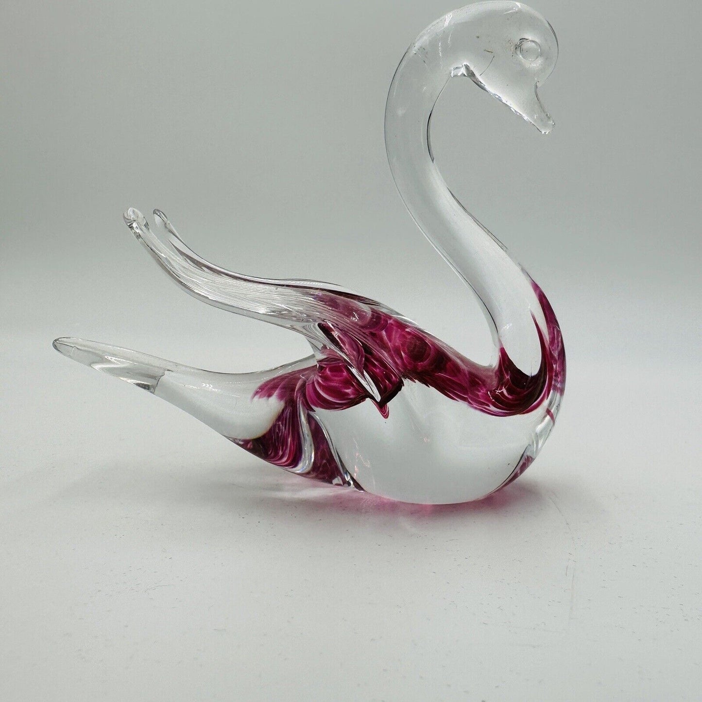Vintage Swedish Granna Glass Art Pink Swan 5” Figurine Hand Blown Hand Made