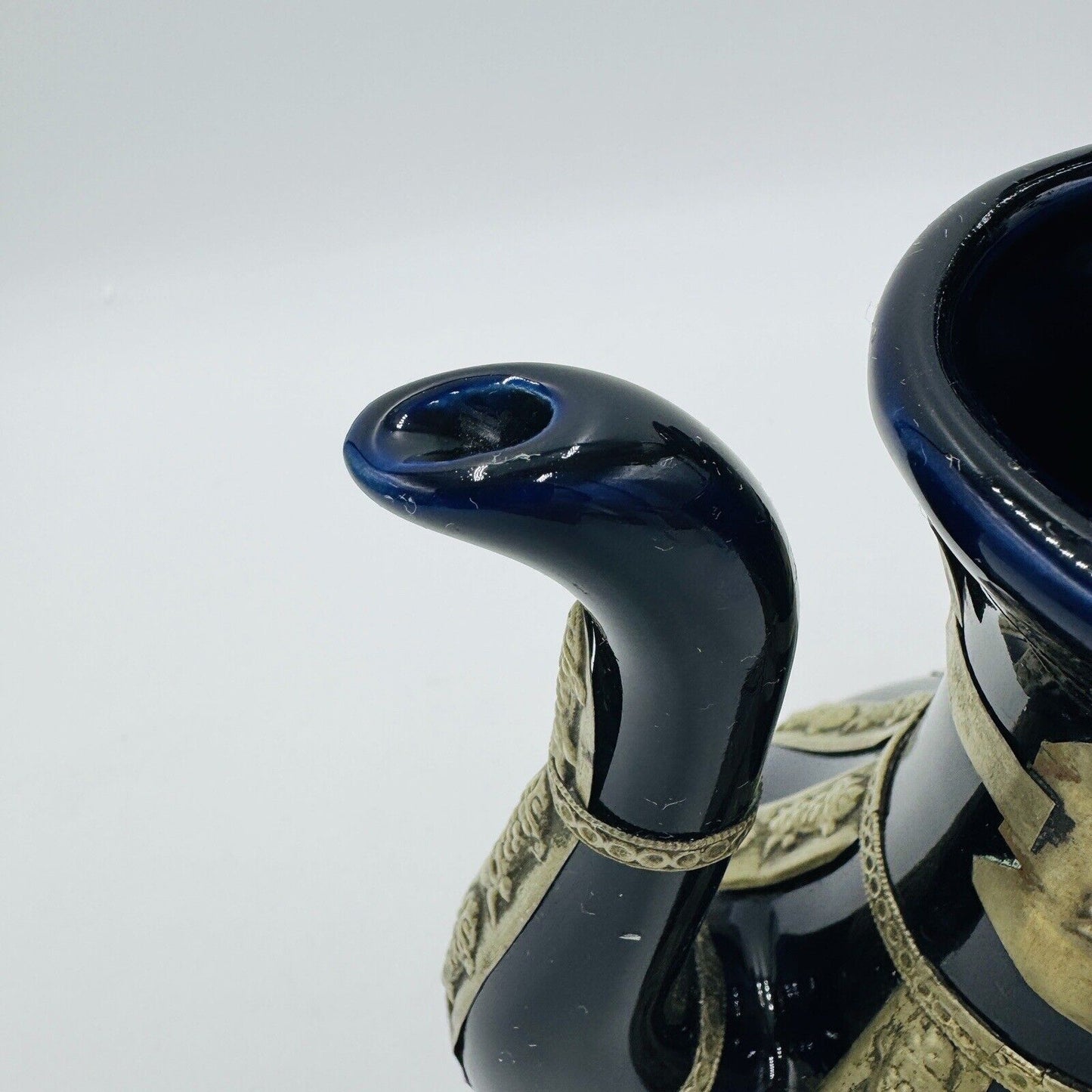 Antique Chinese Blue Cobalt Ornate Brass Design Teapot Porcelain