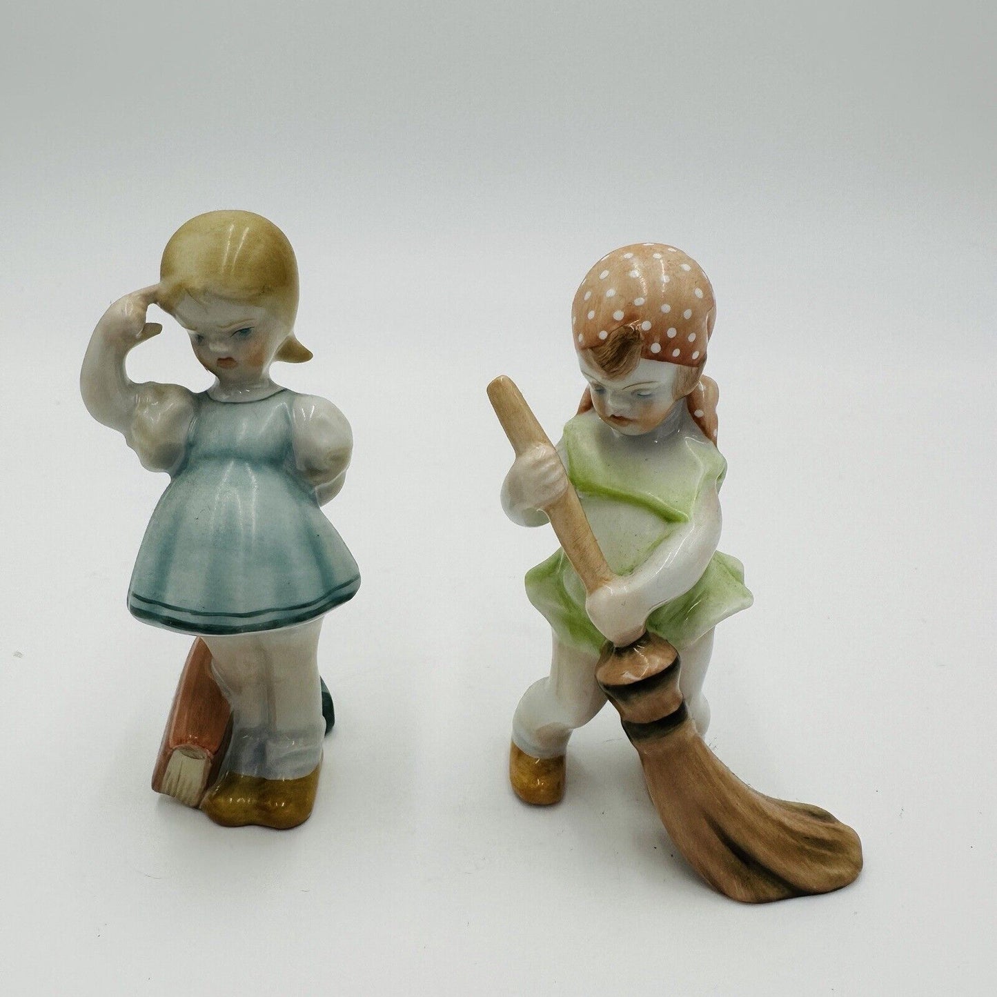 Herend Porcelain Girls Cleaning Broom & School Book Figurines Small 4 inch Decor