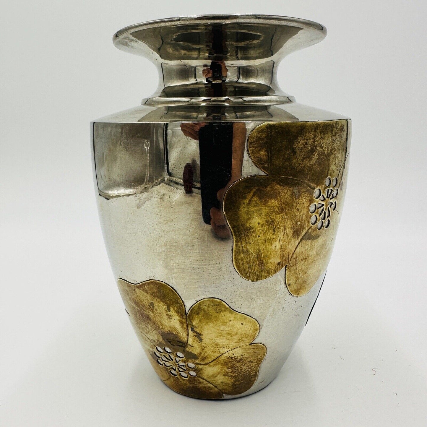 Ethan Allen Home Interior Nickel & Brass Vase Mid Century Modern Applied Flower