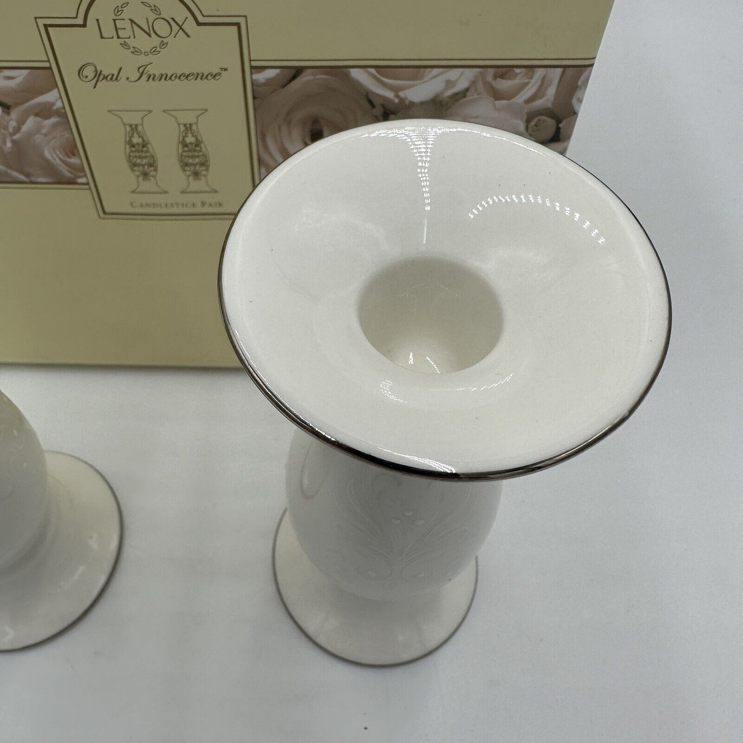 Lenox Porcelain White Opal Innocence Candlesticks Set Table Decor Home Dining