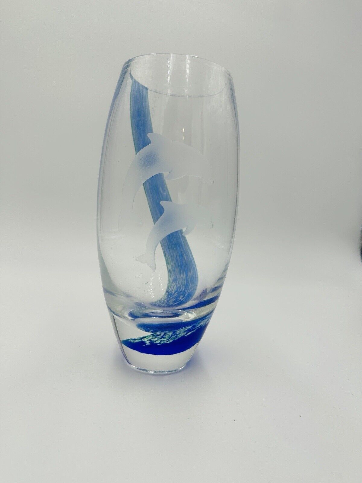 Lenox Art Glass Vase Dolphin Paradise 8" Clear Blue Turquoise made in scotland