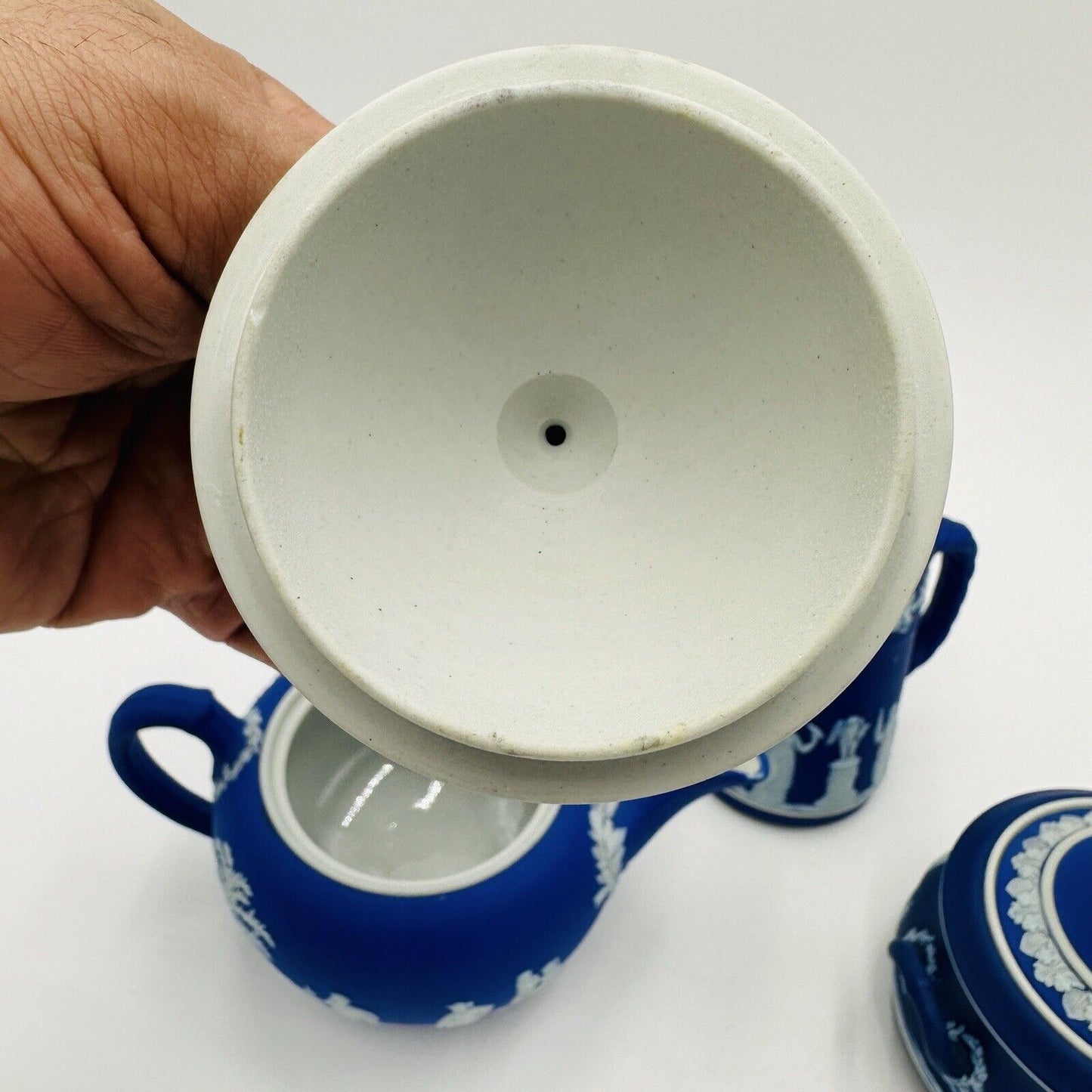 Wedgwood Jasperware Teapot Sugar Bowl Pitcher Dipped Cobalt Blue #43 Set