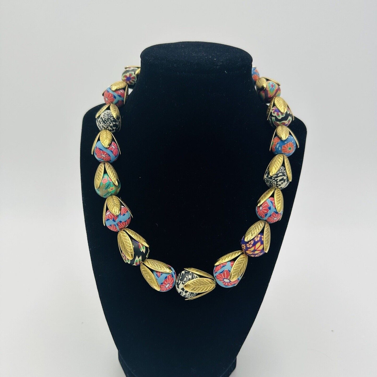 Lenora Dame Gold Tone Floral Tulips Abstract  Multicolor Beaded Necklace 18”
