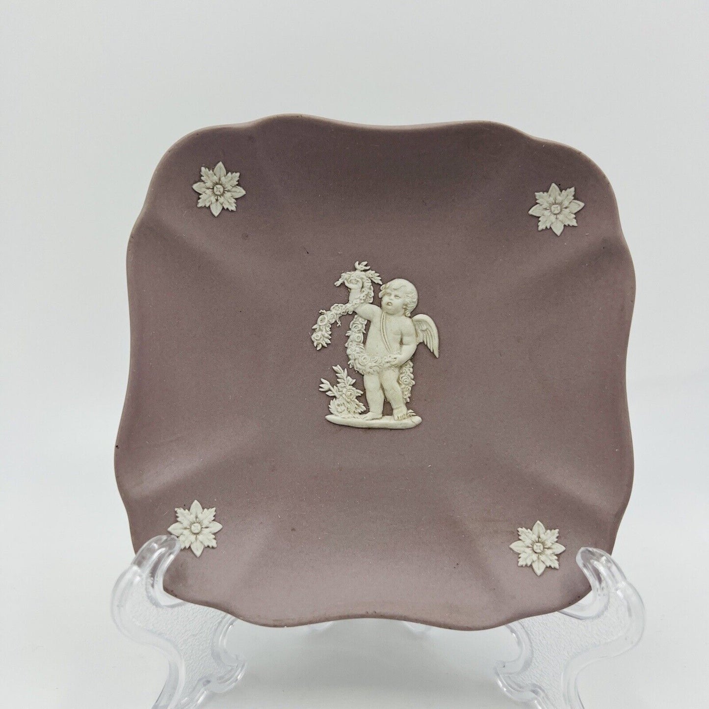 Wedgwood Lilac and White Jasperware Fluted Square Dish Four Seasons Cupid
