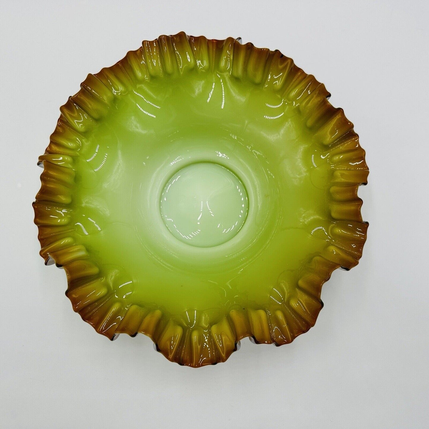Victorian Art Glass Pistachio Green Cased Glass Ruffled Bowl W Ox Blood Red Rim