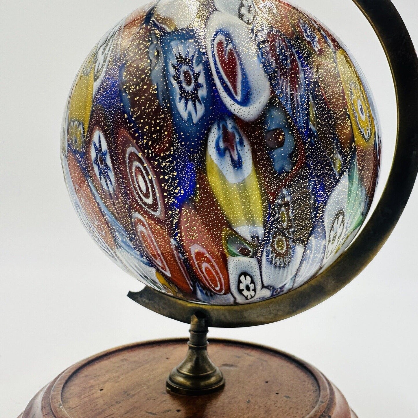 Murano Glass Vetro Artístico 033 Millefiori Globe On Wooden Stand 6.5” H