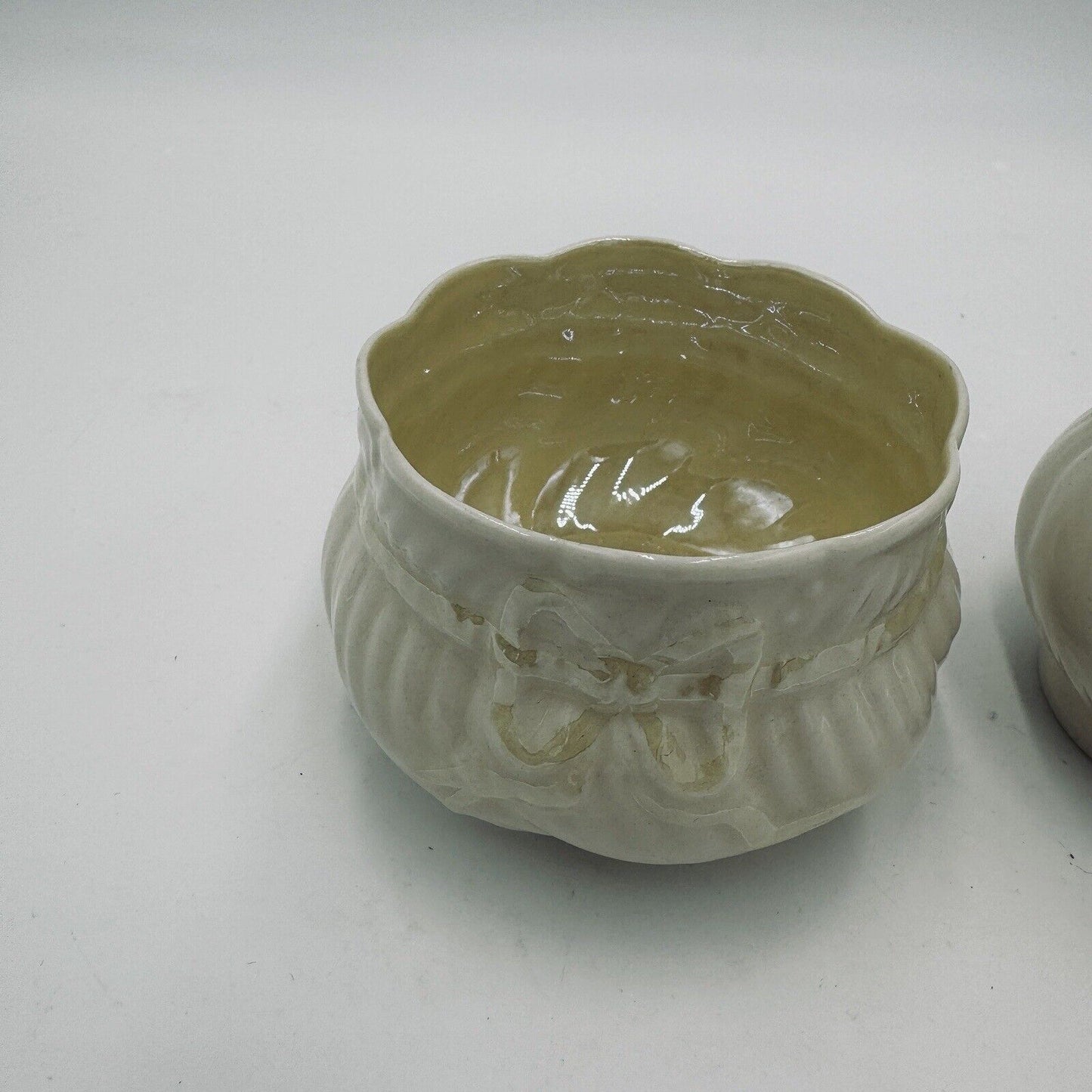 Belleek Yellow Ribbon Lustre Open Sugar & Creamer circa 1965 6th Green Porcelain