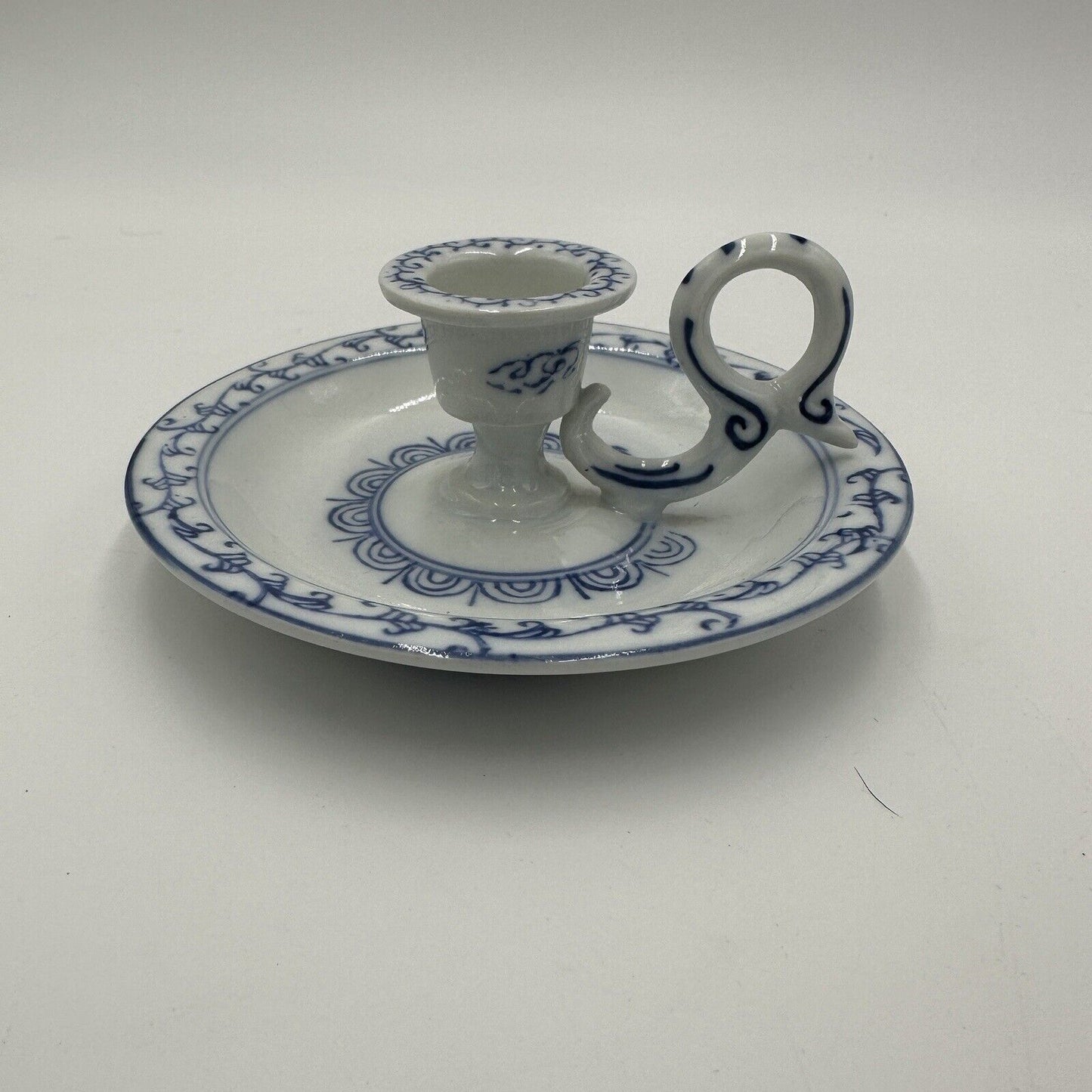 Ming Dynasty Porcelain Candle Holder Vintage Glossy White & Blue Asian Decor
