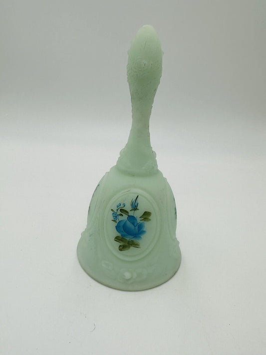 Vintage Fenton art Glass Hand Painted Blue Roses on Blue Satin Medallion Bell