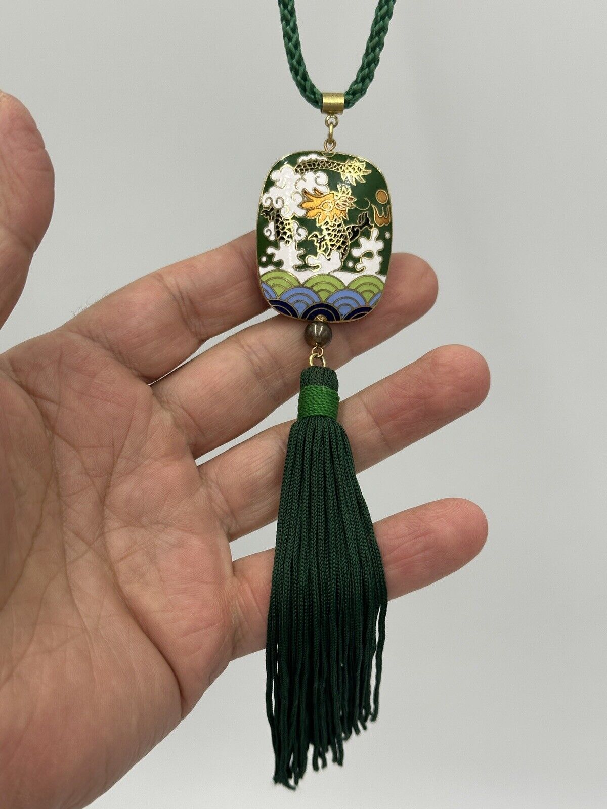 Tasseled Enamel Pendant Asian Dragon Design Necklace Gold Tone Vintage Green