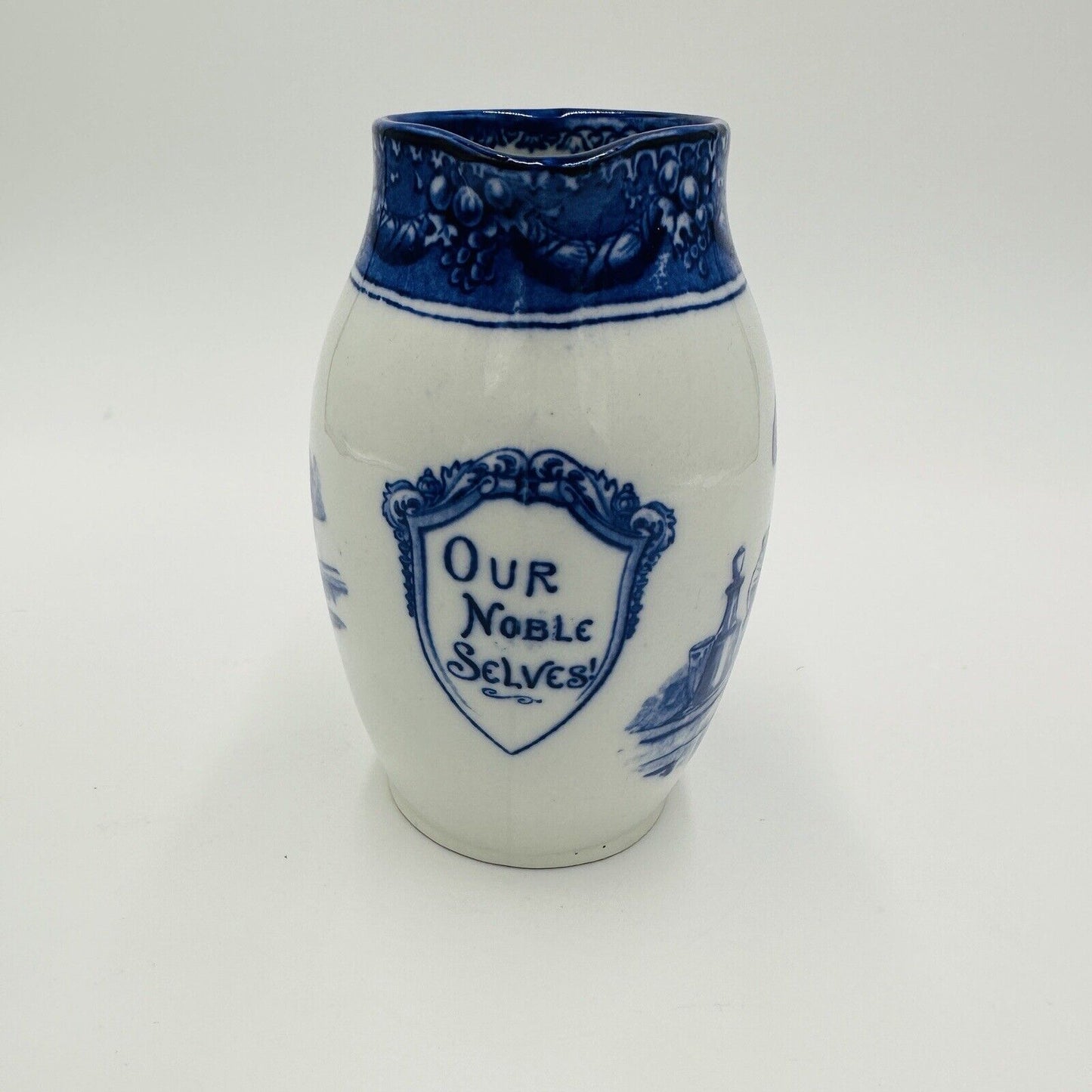 Antique Royal Doulton Pitcher Morissian Flow Blue Pottery The King God Bless Him