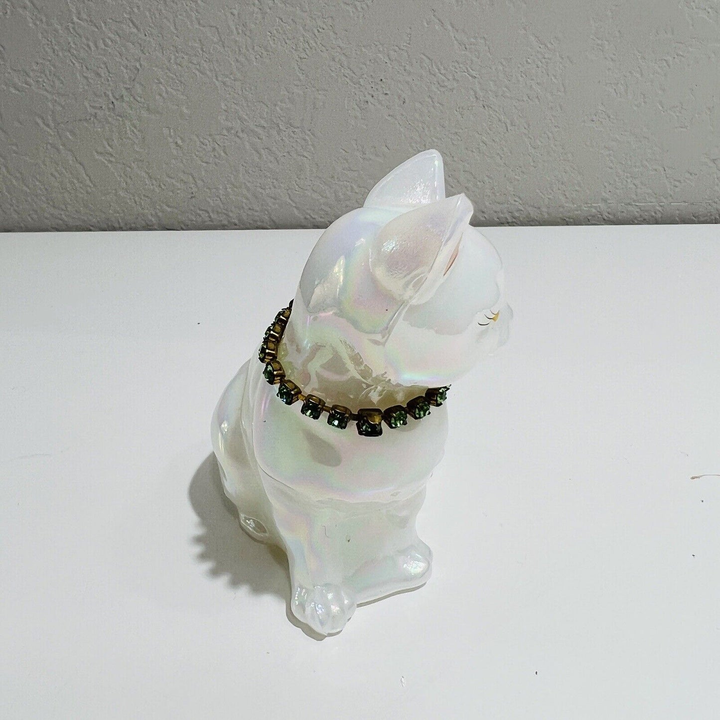 Fenton Cat May Birthstone Art Glass Iridescent White May Figure Signed by Artist