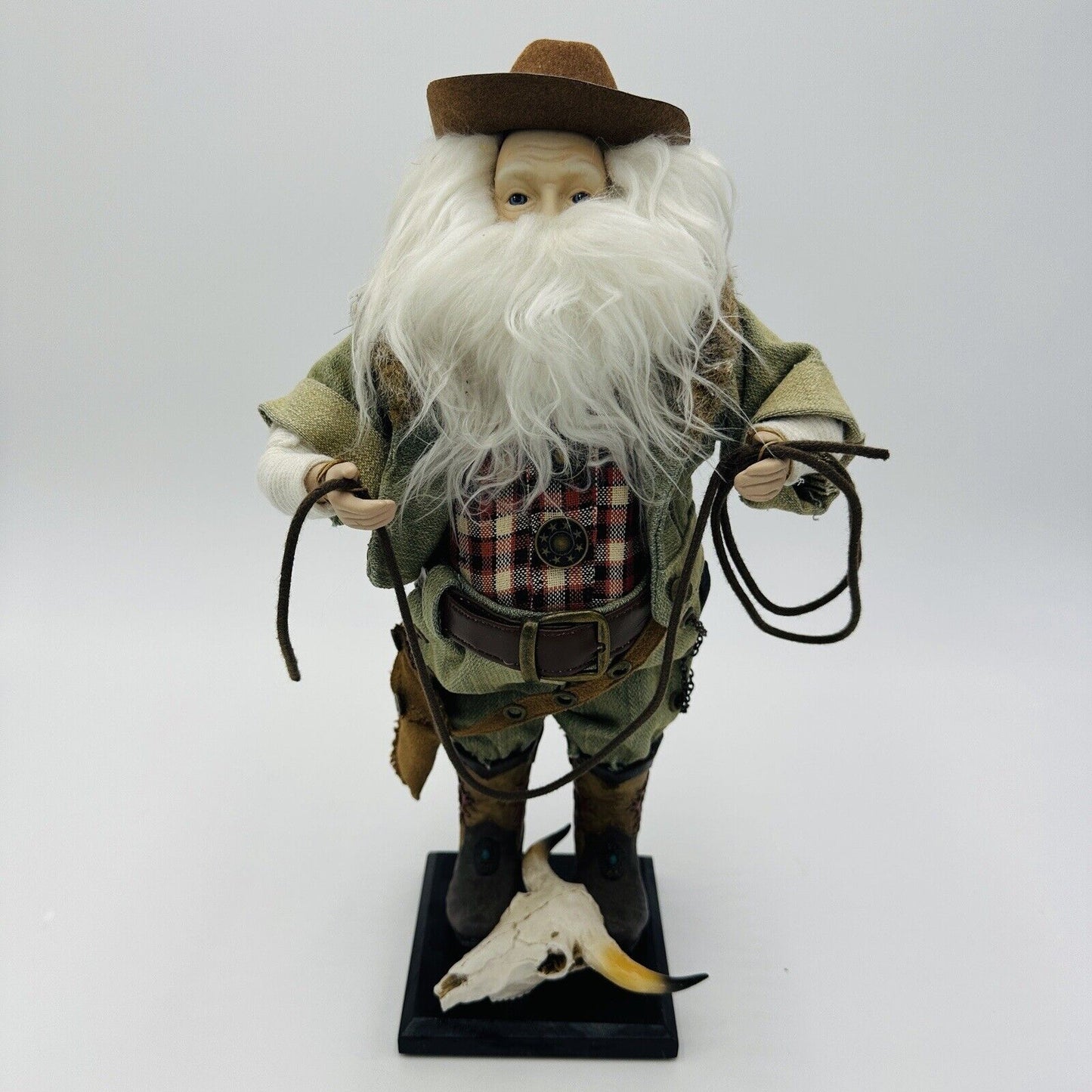 Vintage Western Cowboy Santa Doll Figurine 13”Rope Boots Hat Denim Leather Rare