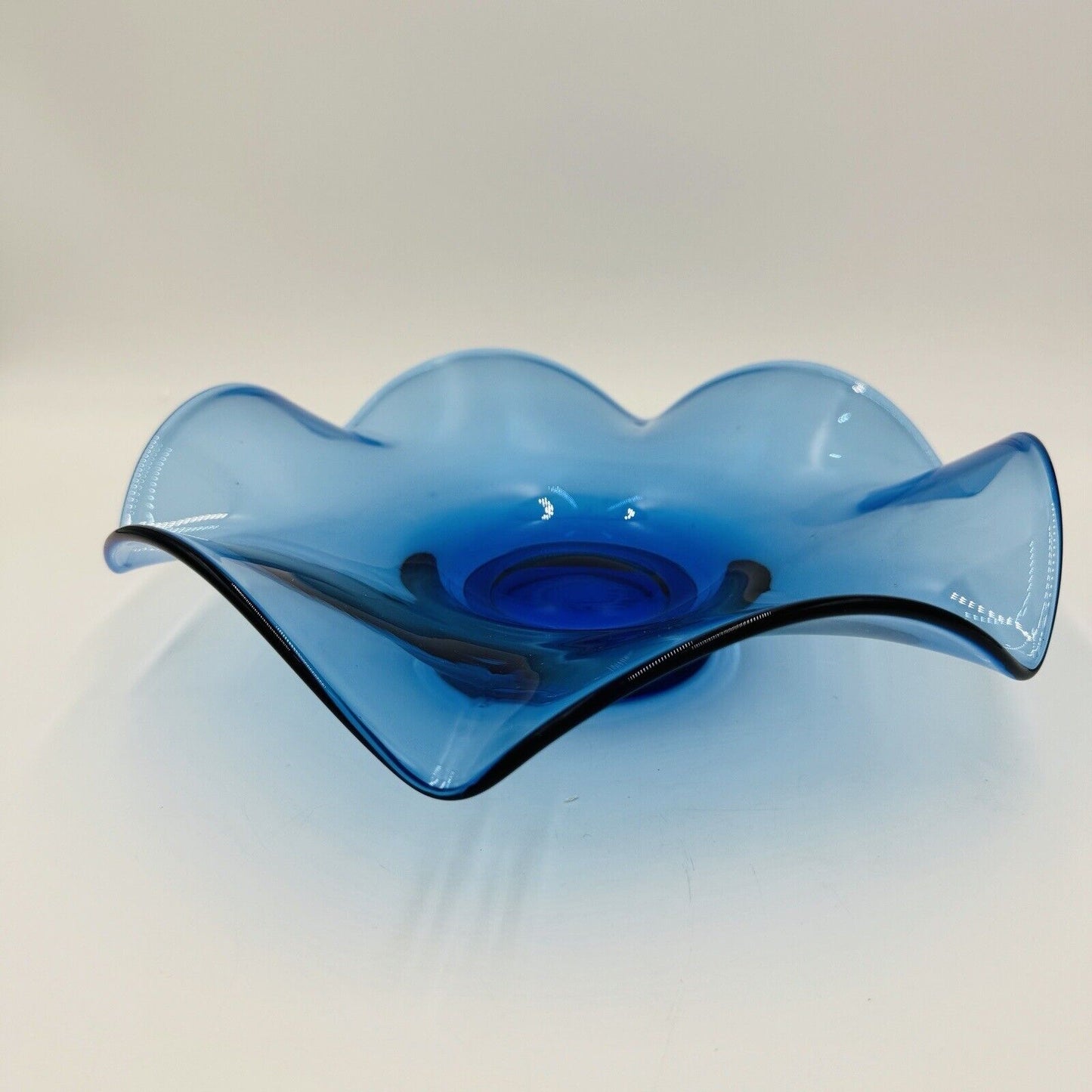 Rare MCM Viking Art Glass Bluenique Blue Ruffled 6 Petals Bowl 3”x 12”