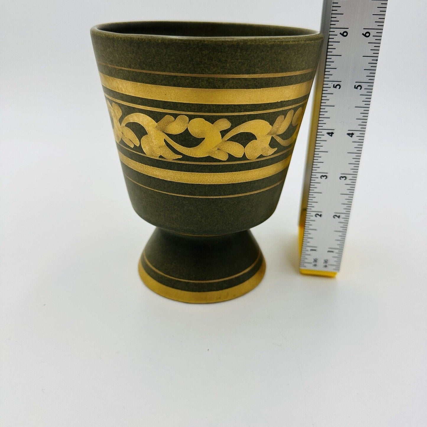 Mcm Vee Jackson California Pottery Footed Vase Planter Green Gold Trim