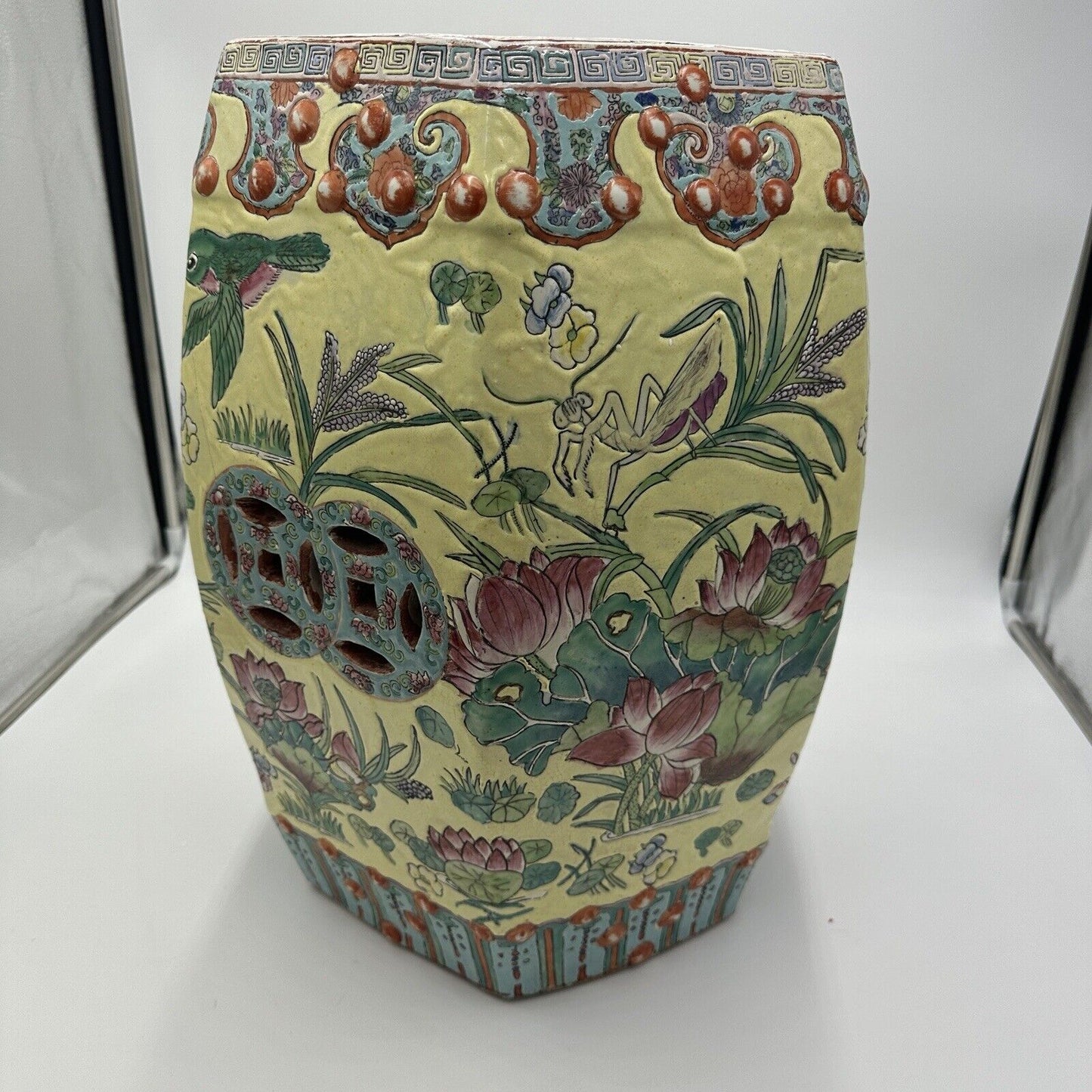 Chinese Hexagonal Garden Stool Pottery Koi Fish Ducks Hand Painted Etched Flaw