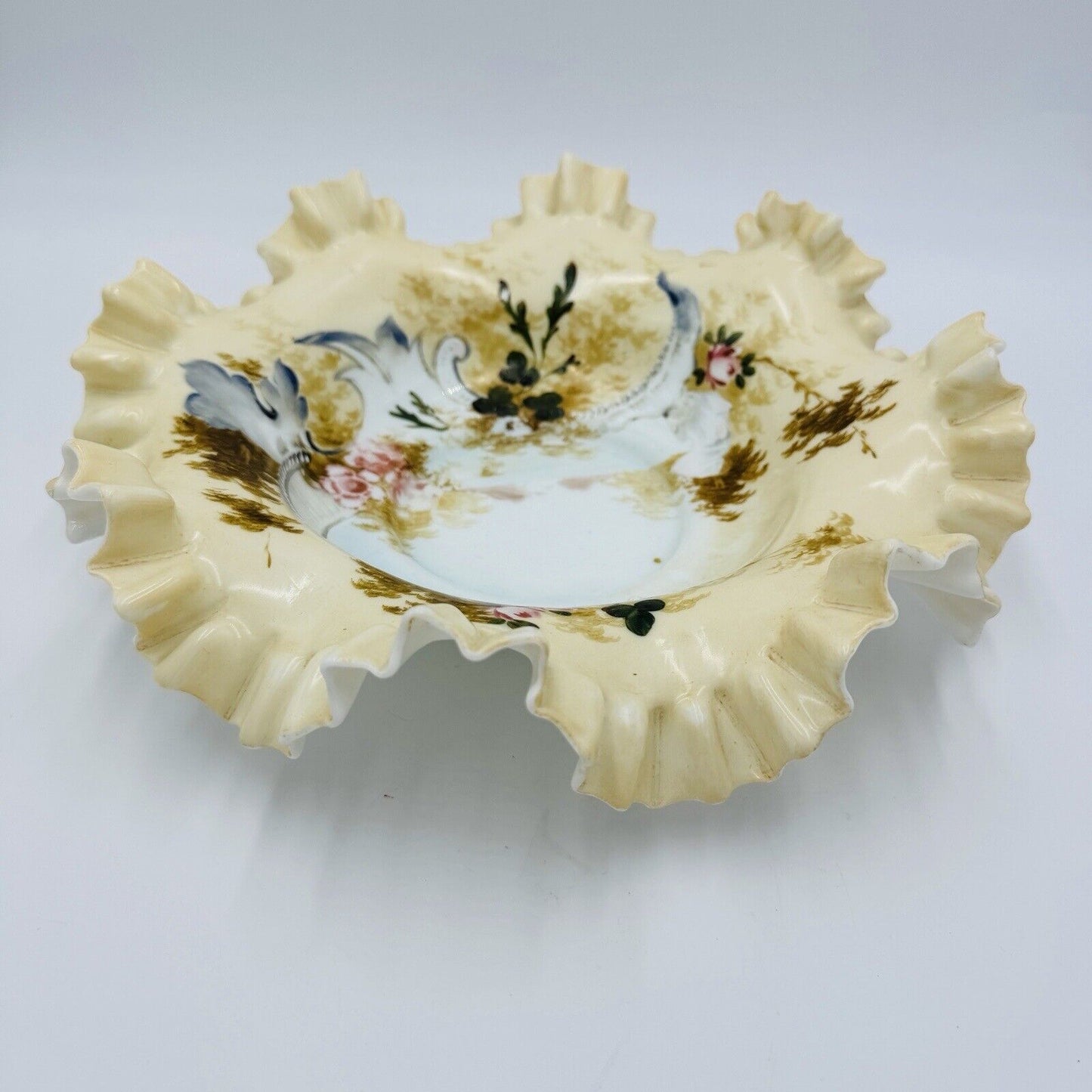 Antique Victorian Art Glass Ruffle Handpainted Bowl Large Floral