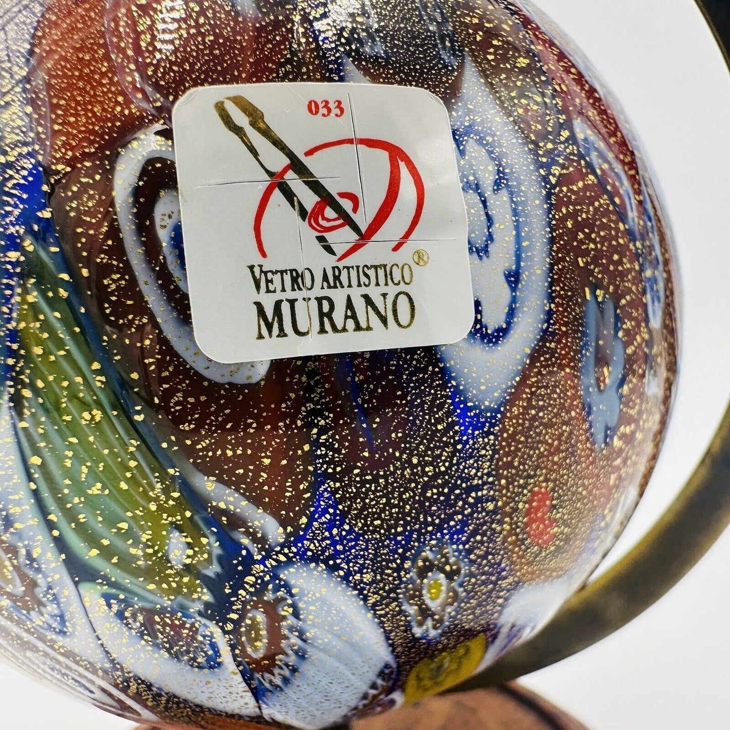 Murano Glass Vetro Artístico 033 Millefiori Globe On Wooden Stand 6.5” H