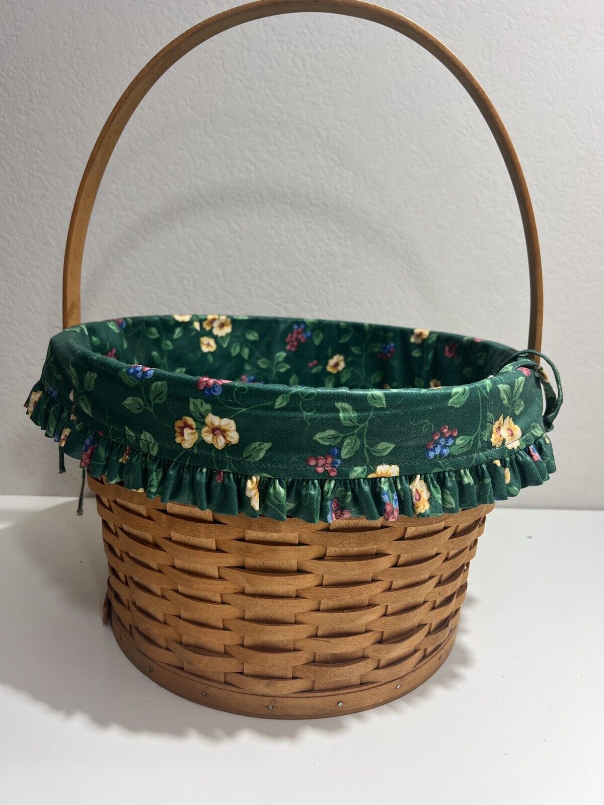 Longaberger Basket Round Liner Green Floral 1996 Vintage Retired Large Handle