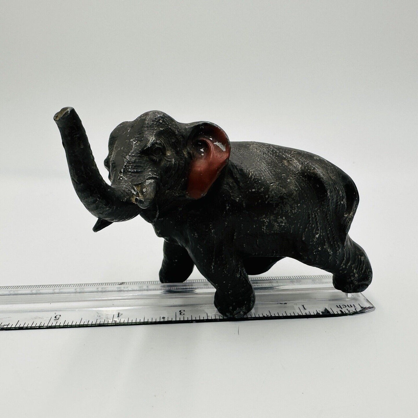 Vintage Metal Elephant Figurine Trunk Up Realistic Japan Metal Red Ears