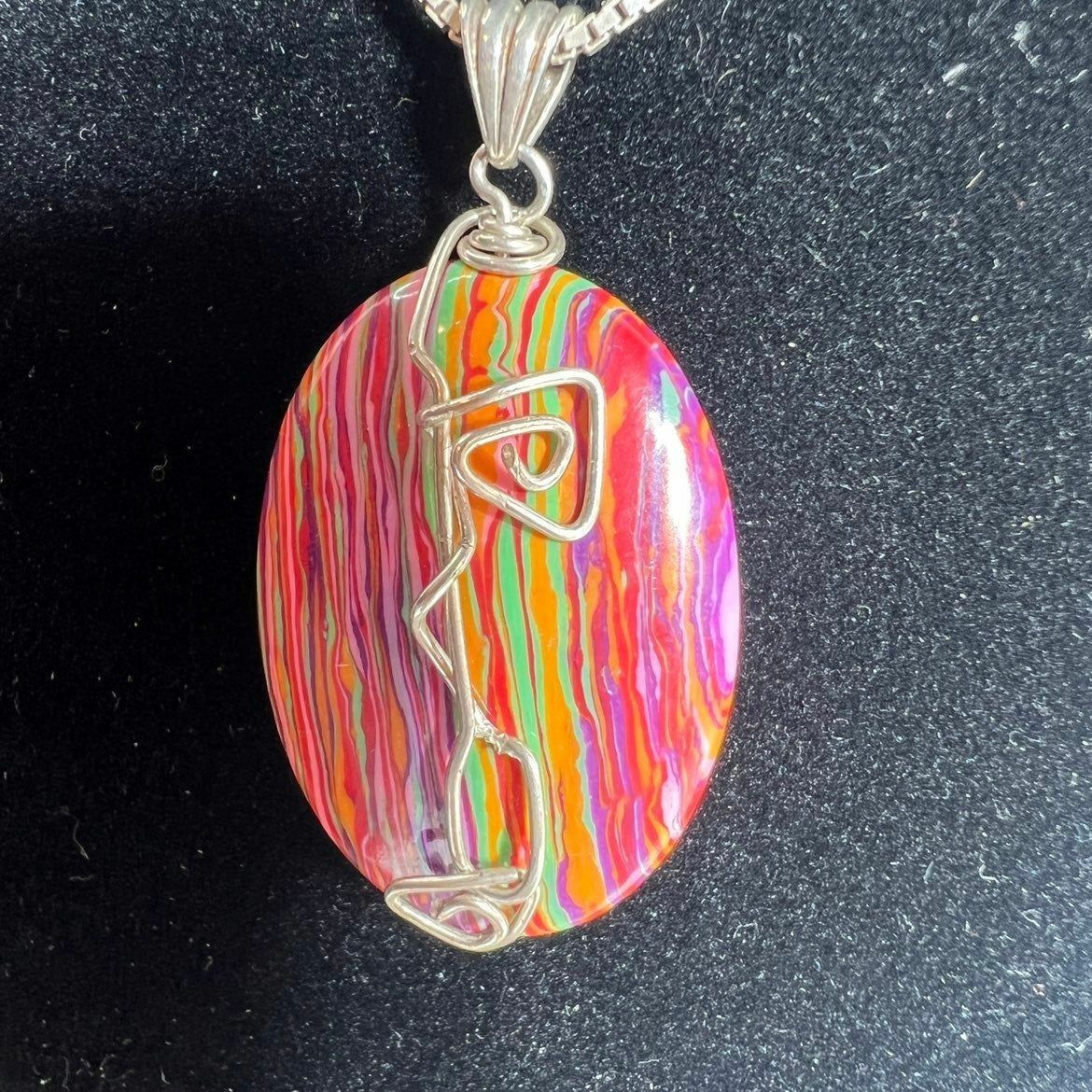 Necklace Rainbow Pendant Calsilica Mosaic Jasper Jewelry 925 Sterling Silver
