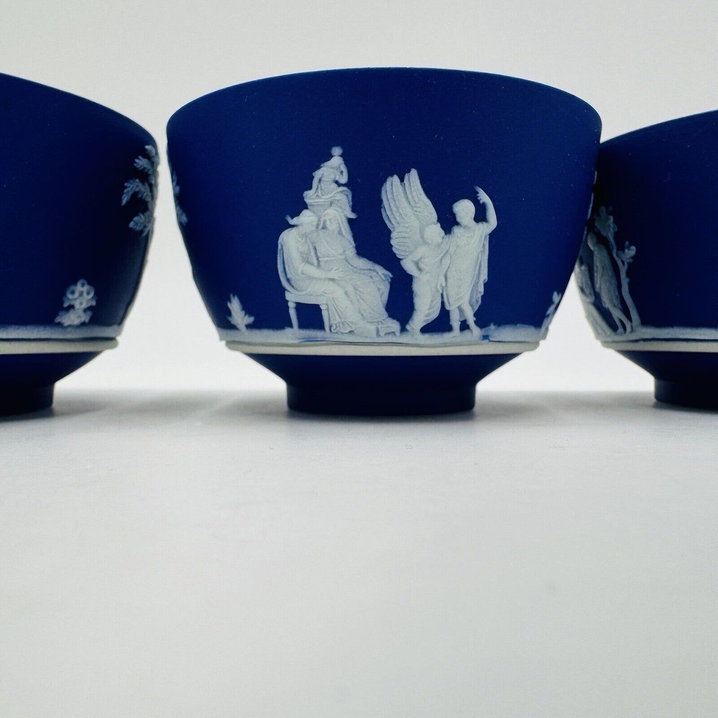c.1930 Wedgwood Jasperware Dipped Dark Blue 2” X 3.4” Footed Bowls 4 Pieces