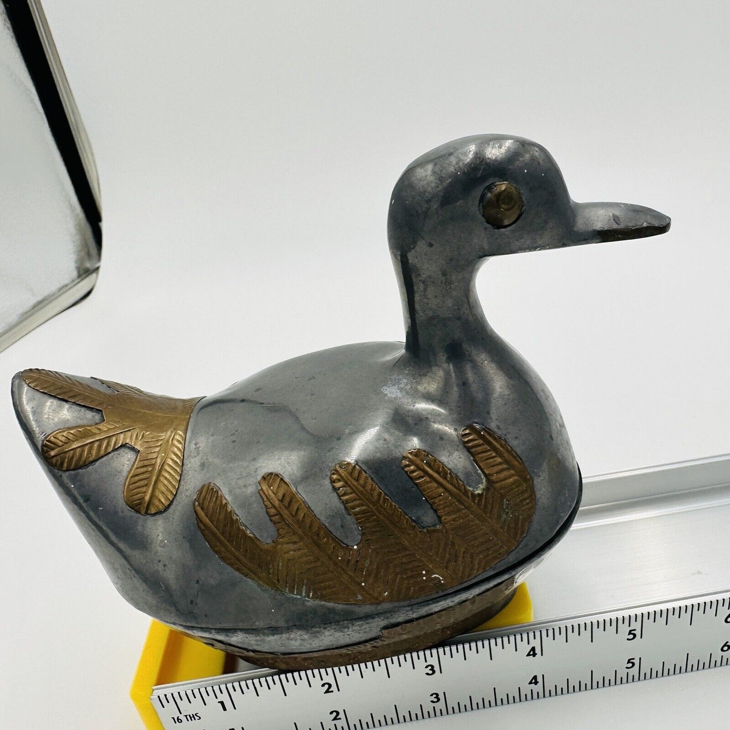Duck Trinket Box Mid Century Pewter Brass Metal Hand Crafted Vintage 1960s